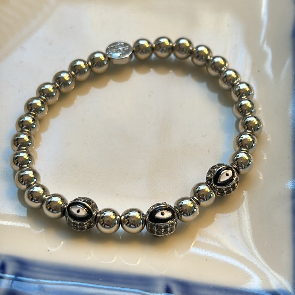 Stretch Evil Eye Crystal Silver Bracelet